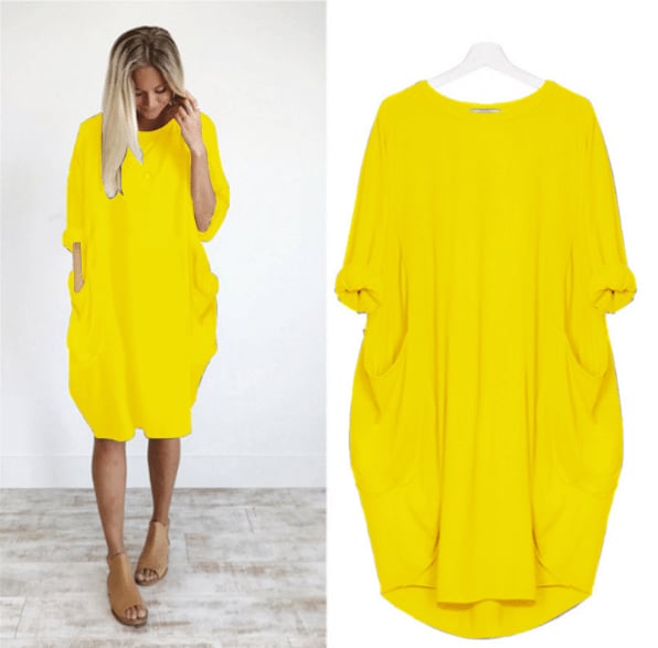 robe ample jaune vif à manches 3/4, col rond, poches latérales, coupe fluide et confortable, montrée portée et sur cintre.