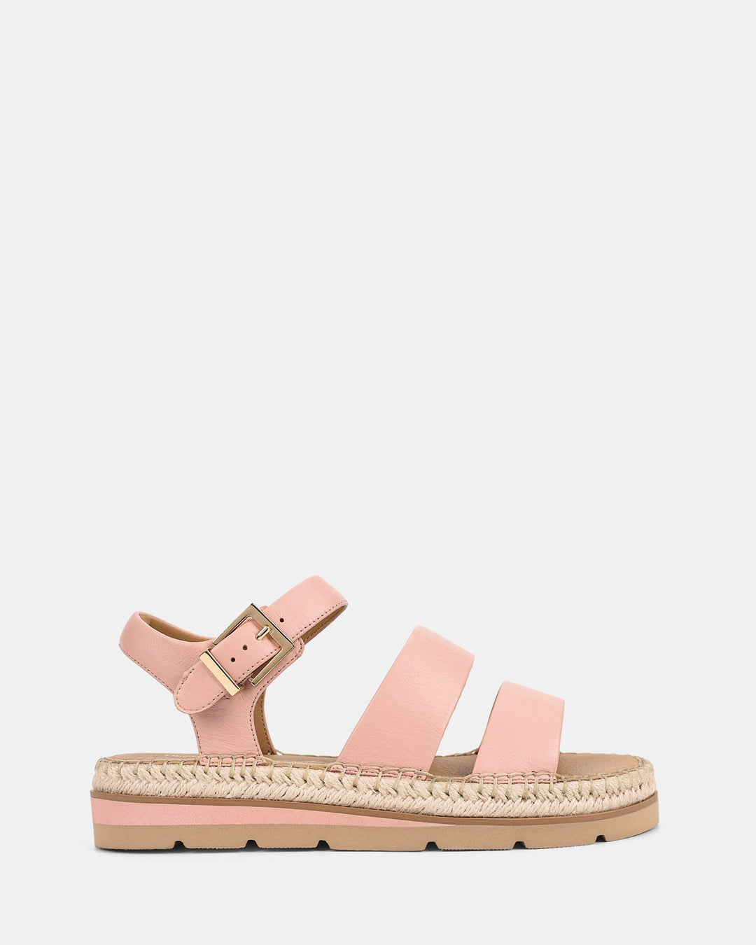 Sandales d’été Macy pour femmes, en rose nude, avec doubles brides et bride arrière ajustable à boucle dorée. Semelle plateforme en corde tressée, style tendance et confortable pour un look estival chic.
