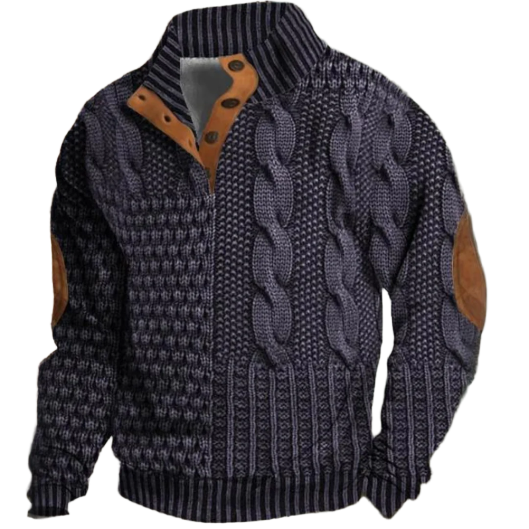 Marc | Pull à manches longues pour homme, oversize, en tricot avec motifs torsadés noirs et bleus, accents en suède sur les coudes et col avec boutons latéraux.