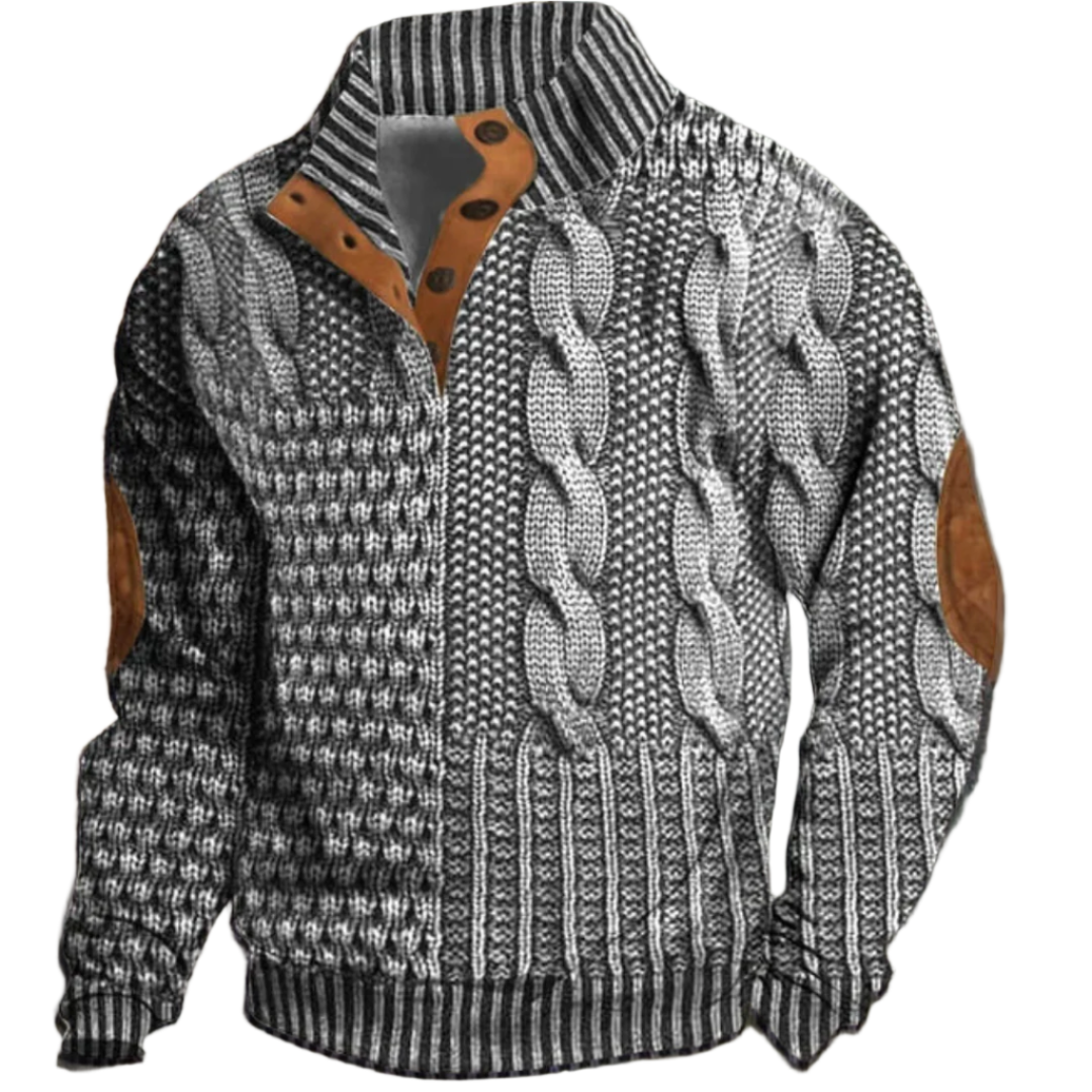 Marc | Pull à manches longues pour homme, oversize, avec motif en tricot torsadé noir et blanc, des coudières en suède marron, col montant et fermeture à boutons latéraux.