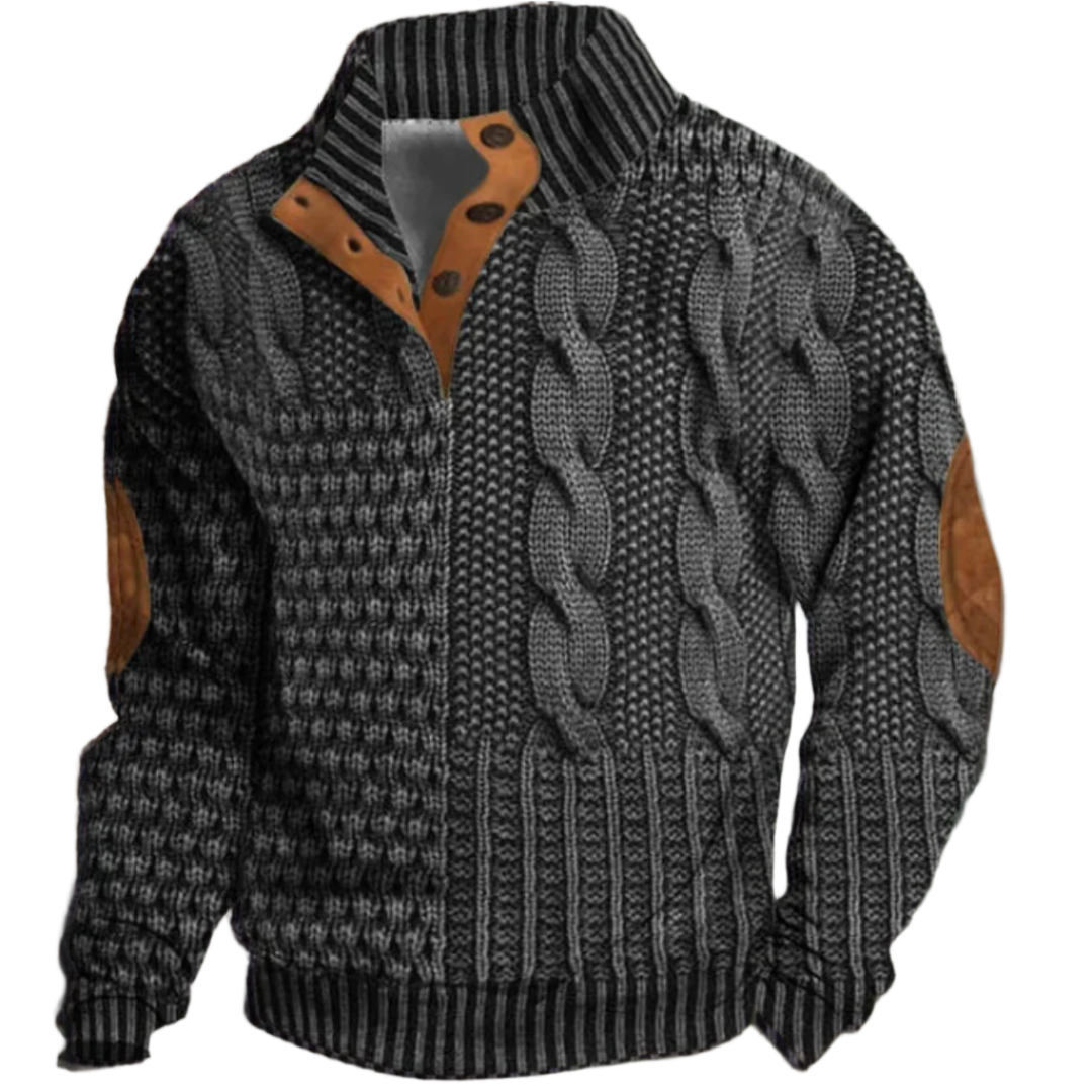 Marc | Pull à manches longues pour homme, oversize, avec motif en tricot torsadé noir et gris, détails en suède sur les coudes et fermeture à boutons latéraux sur le col.
