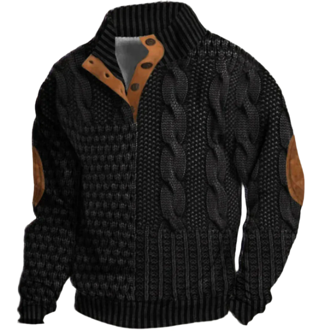 Marc | Pull à manches longues pour homme, design oversize, avec un motif en tricot torsadé noir et des coudières en suède marron, col montant et fermeture à boutons sur le côté.