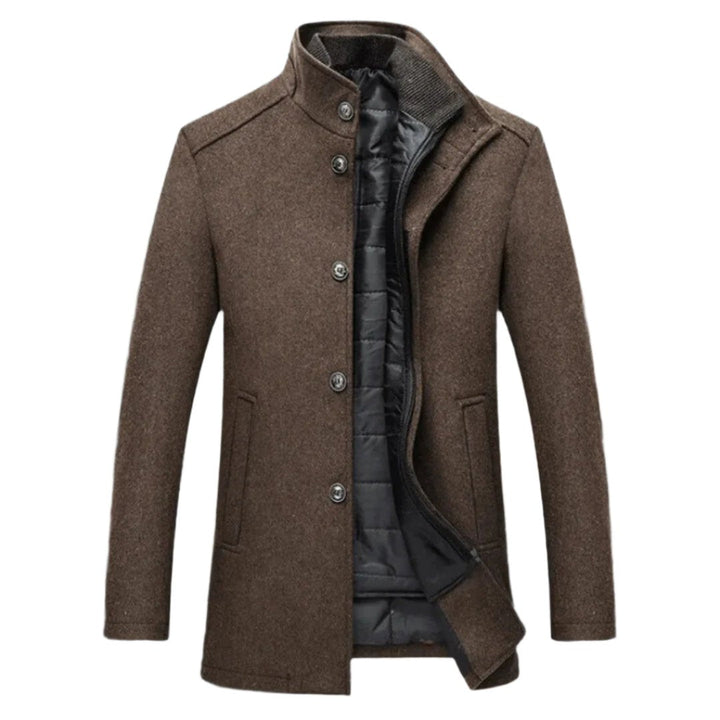 Manteau d’hiver chauffant pour homme en laine mélangée, avec un design épuré, un col haut, des fermetures à boutons et une doublure intérieure matelassée pour plus de chaleur et de confort, idéal par temps froid.