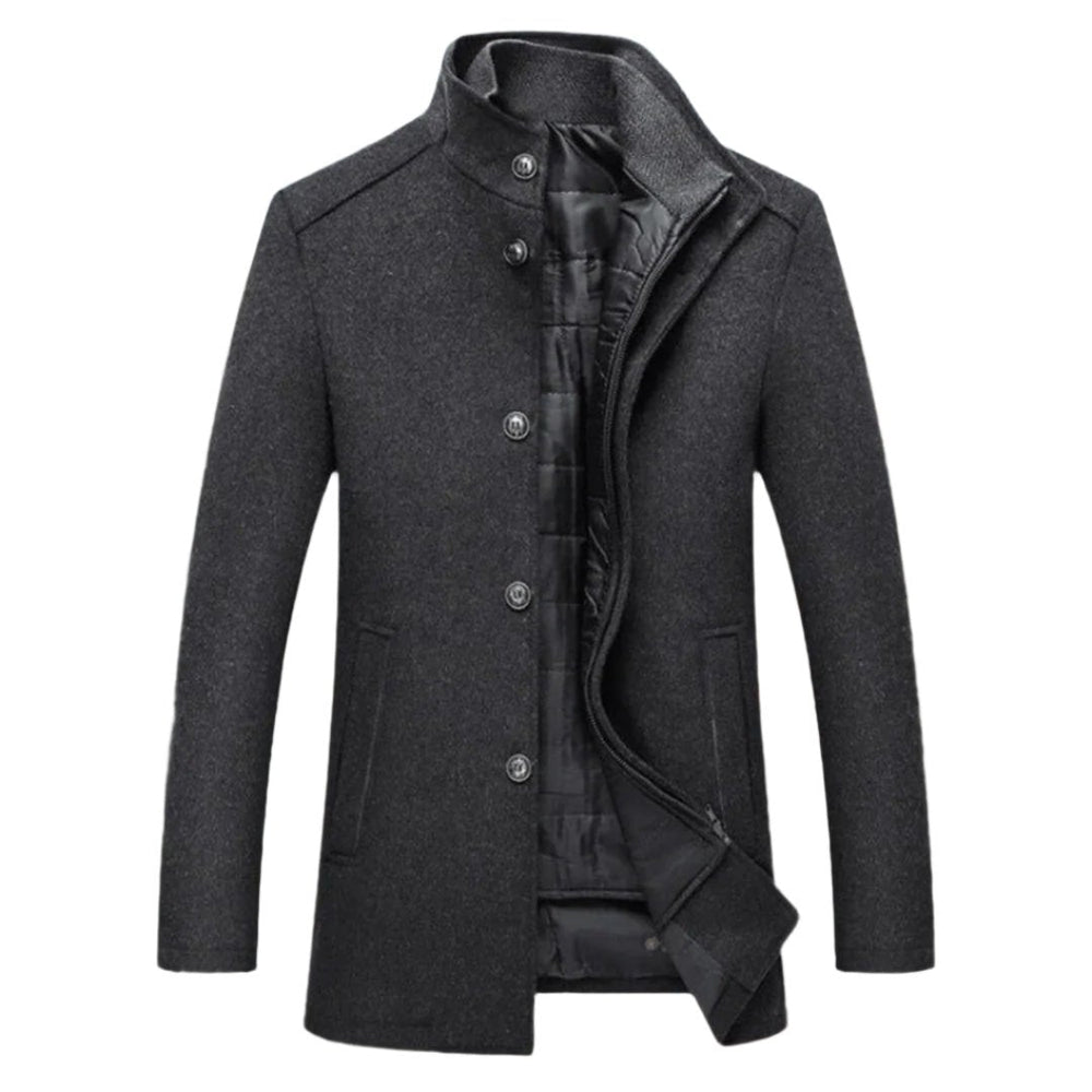 Manteau d’hiver chauffant pour homme en laine mélangée, avec un extérieur épuré, une doublure intérieure zippée pour plus de chaleur, et des fermetures à boutons sur le devant pour un look sophistiqué.