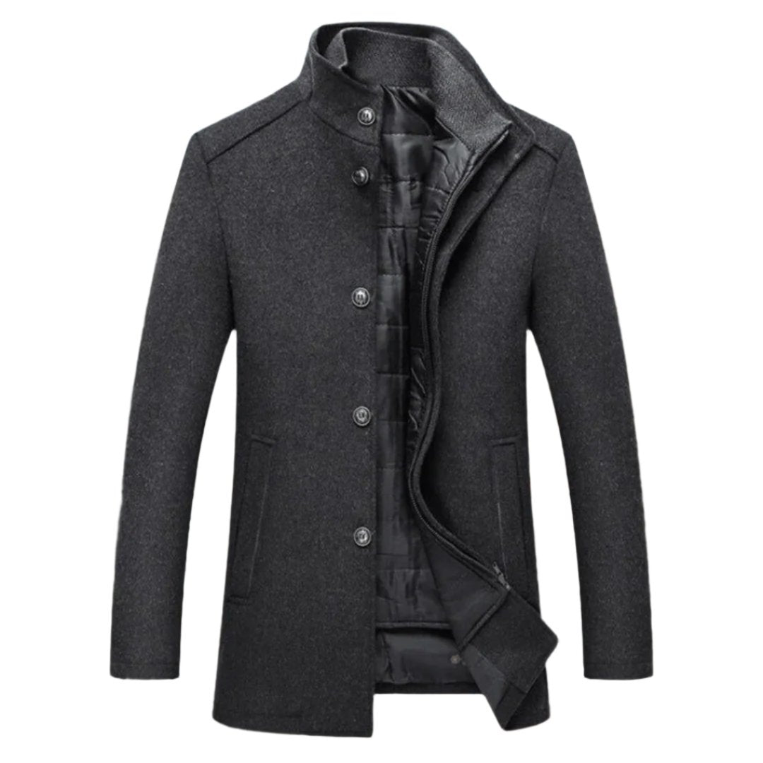 Manteau d’hiver chauffant pour homme en laine mélangée, avec un extérieur épuré, une doublure intérieure zippée pour plus de chaleur, et des fermetures à boutons sur le devant pour un look sophistiqué.