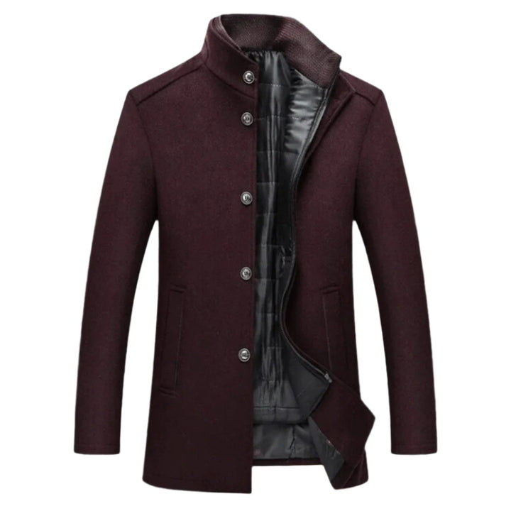 Manteau d’hiver chauffant pour homme en laine, avec un extérieur cintré, une doublure intérieure zippée pour la chaleur, des fermetures à boutons stylées et des poches latérales pour un look hivernal moderne et fonctionnel.