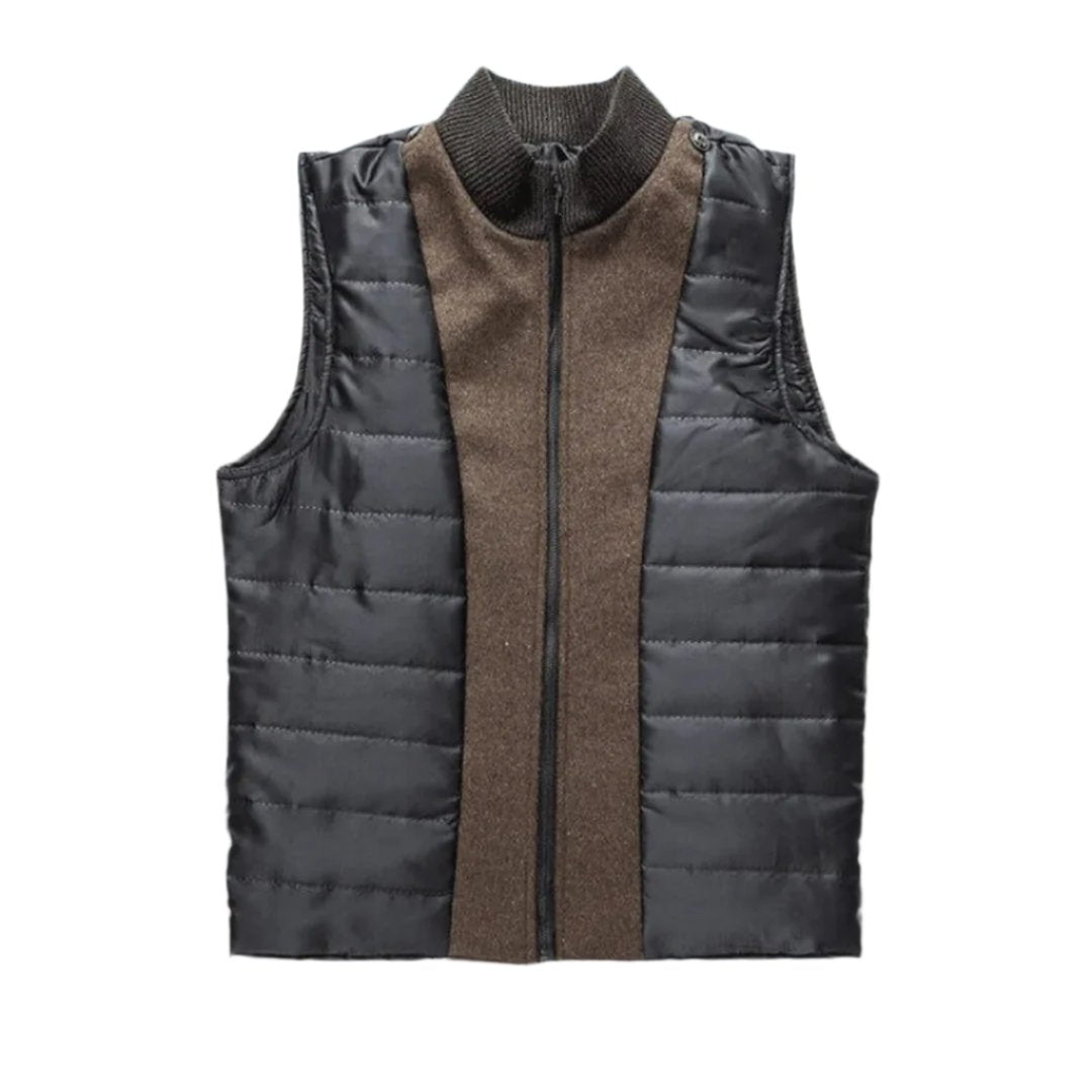 Veste d'hiver chauffante pour homme combinant un matériau rembourré et un tissu ressemblant à de la laine, avec une fermeture éclair à l'avant et un col côtelé pour plus de chaleur et de confort.