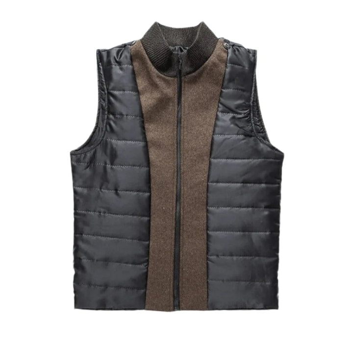 Veste d'hiver chauffante pour homme combinant un matériau rembourré et un tissu ressemblant à de la laine, avec une fermeture éclair à l'avant et un col côtelé pour plus de chaleur et de confort.