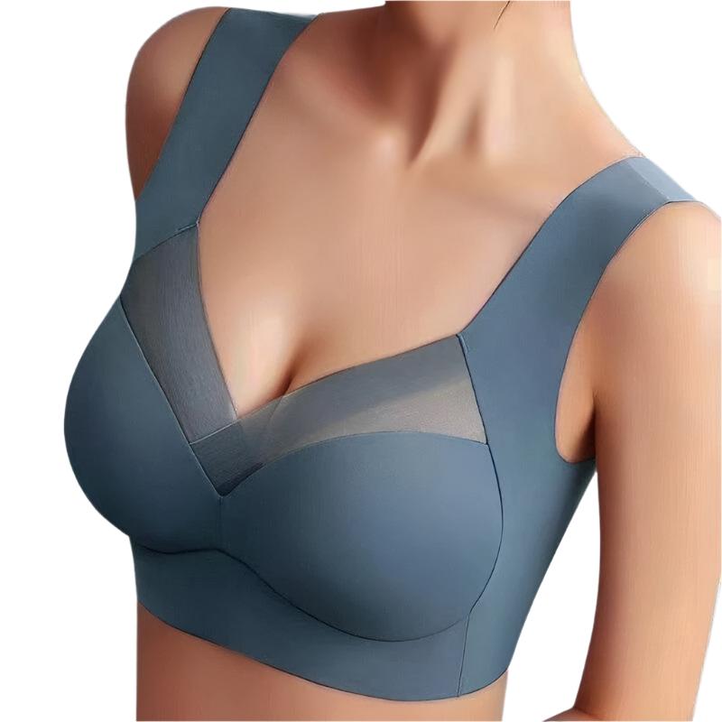 Soutien-gorge seamless de couleur bleu-gris, avec des bonnets lisses et des bretelles larges offrant un maintien optimal et un confort maximal. La conception sans coutures garantit une sensation de douceur et d’élégance.