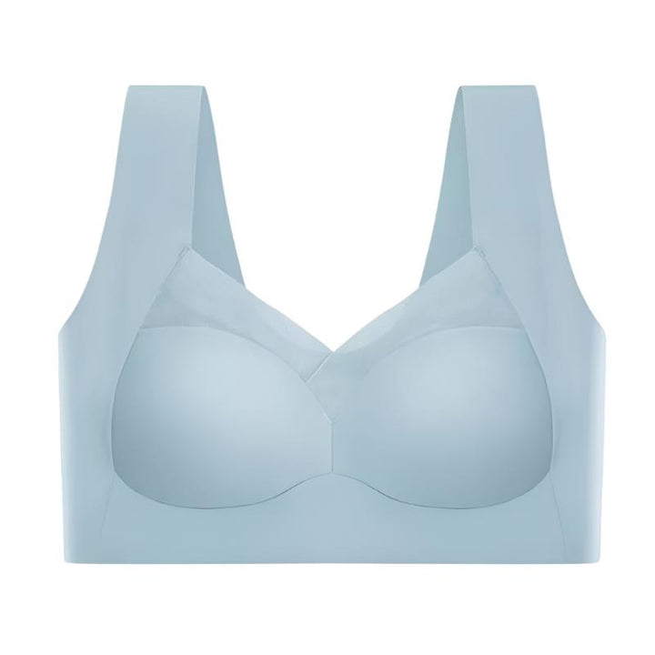 Soutien-gorge seamless de couleur bleu clair, avec des bonnets lisses et des bretelles larges offrant un confort optimal. La conception sans coutures garantit un ajustement parfait et une sensation agréable sur la peau.