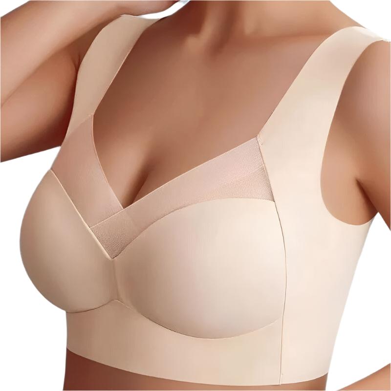 Soutien-gorge seamless beige avec des bonnets lisses et des bretelles larges pour un maintien optimal. La conception sans coutures et la maille délicate sur le devant assurent un confort exceptionnel et une finition élégante.