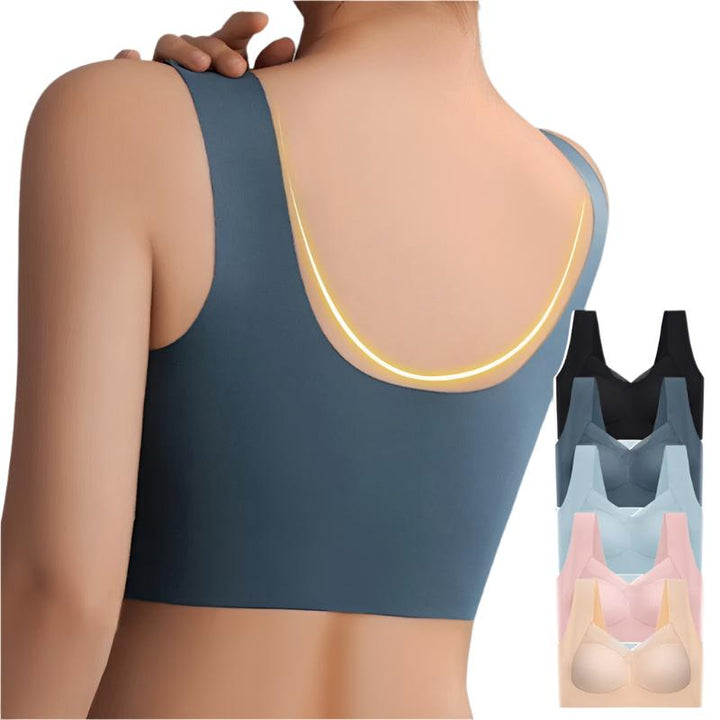 Vue arrière d'un soutien-gorge seamless bleu avec des bretelles larges et un design sans coutures. Le soutien-gorge présente un décolleté élégant et est accompagné de plusieurs coloris, offrant un confort maximal et un maintien optimal.