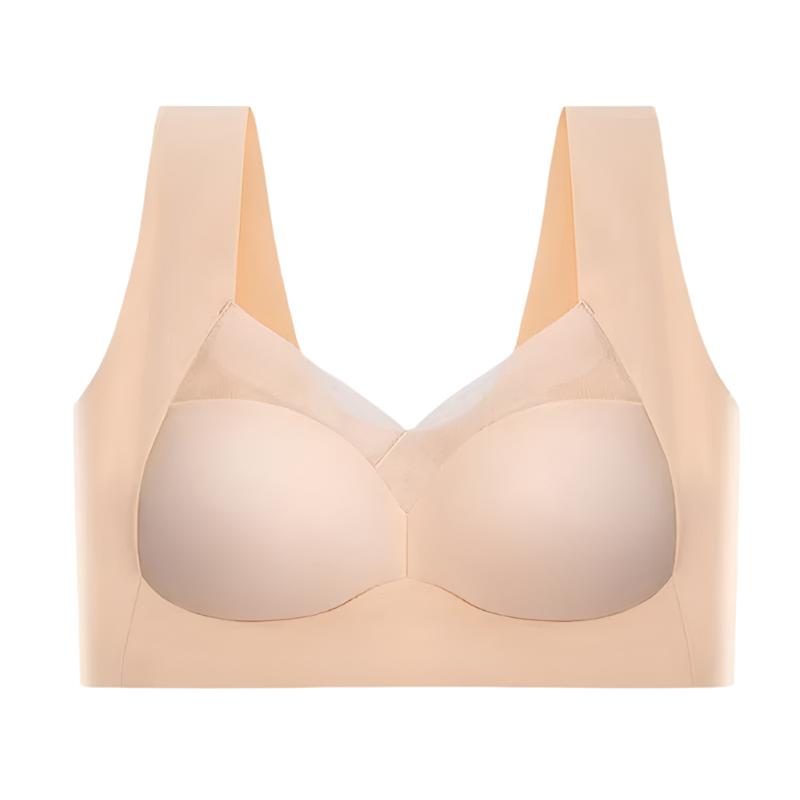 Soutien-gorge seamless beige avec des bonnets lisses et des bretelles larges offrant un maintien optimal. Le design sans coutures avec une touche de maille assure confort et soutien, tout en offrant une finition élégante.