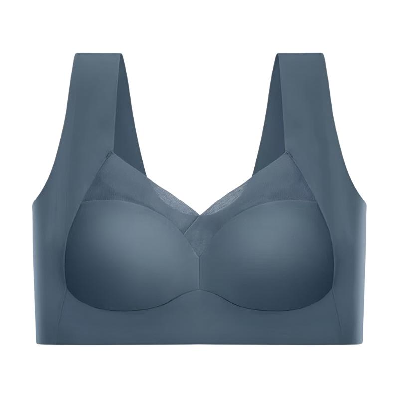 Soutien-gorge seamless bleu avec des bonnets lisses et des bretelles larges pour un soutien optimal. Le design sans coutures et la maille subtile sur le devant assurent un confort maximal et une silhouette élégante.