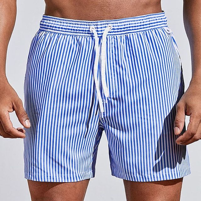 Short de bain homme à rayures bleu roi et blanc, taille élastique avec cordon de serrage, coupe confortable et look estival tendance.