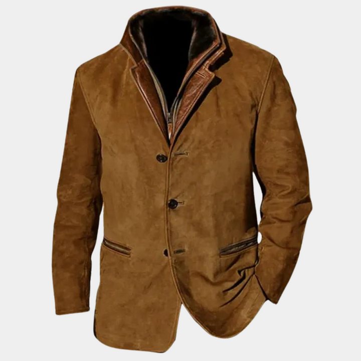 Veste - Blazer en suède marron clair pour homme avec col et finitions en cuir, boutons sur le devant et poches élégantes, parfait pour un look raffiné et moderne.