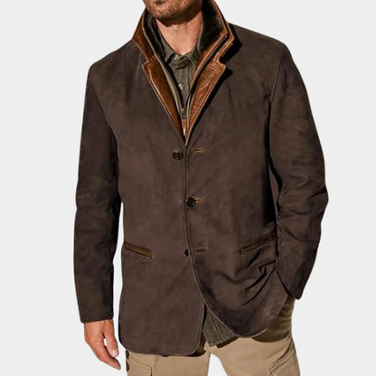 Veste - Blazer en suède marron foncé pour homme avec col et finitions en cuir contrastant, coupe élégante et moderne, idéal pour un style sophistiqué et décontracté.