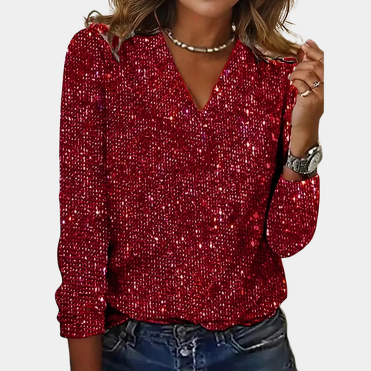 Blouse chic pour femme Satin à sequins, avec un décolleté en V et des manches longues, parfaite pour un look élégant et scintillant lors d'événements festifs.