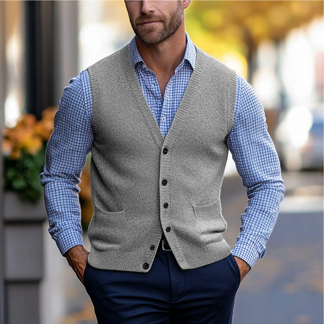Cardigan Frederik sans manches pour homme, maille douce adaptée aux tenues mi-saison polyvalentes.