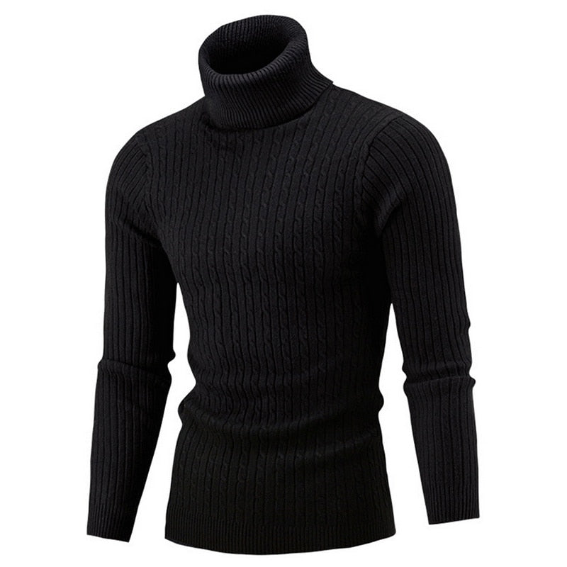 Pull noir élégant en maille fine torsadée avec col roulé côtelé, idéal pour un style moderne et une chaleur confortable en hiver.