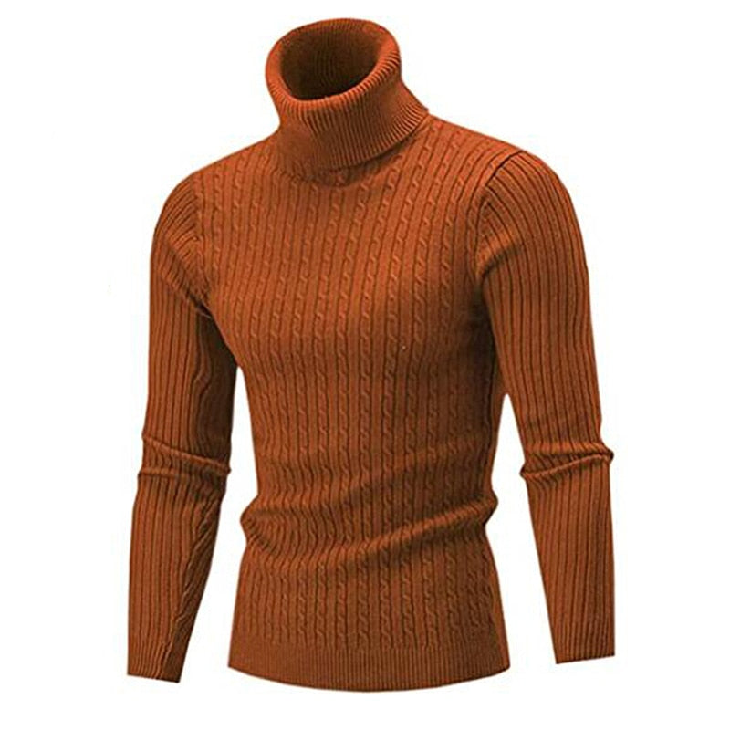 Pull col roulé marron en maille torsadée, coupe ajustée et design élégant, parfait pour rester au chaud avec style durant la saison froide.