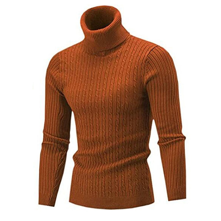 Pull col roulé marron en maille torsadée, coupe ajustée et design élégant, parfait pour rester au chaud avec style durant la saison froide.