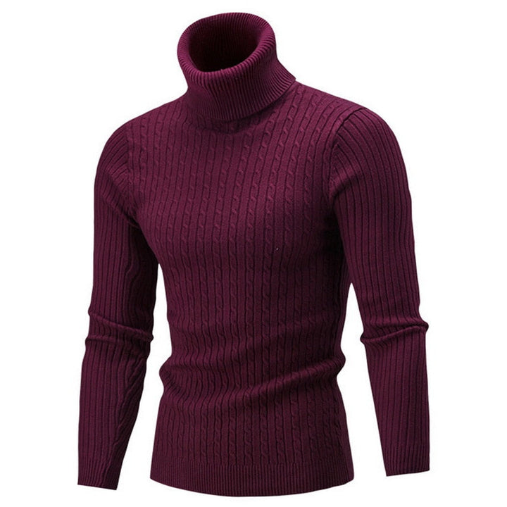 Pull bordeaux en maille torsadée avec col roulé épais, coupe ajustée et design élégant, idéal pour un style moderne et chaleureux en hiver.