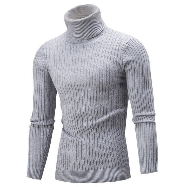 Pull gris clair en maille torsadée avec col roulé épais, coupe ajustée et design élégant pour un look moderne et chaleureux en hiver.