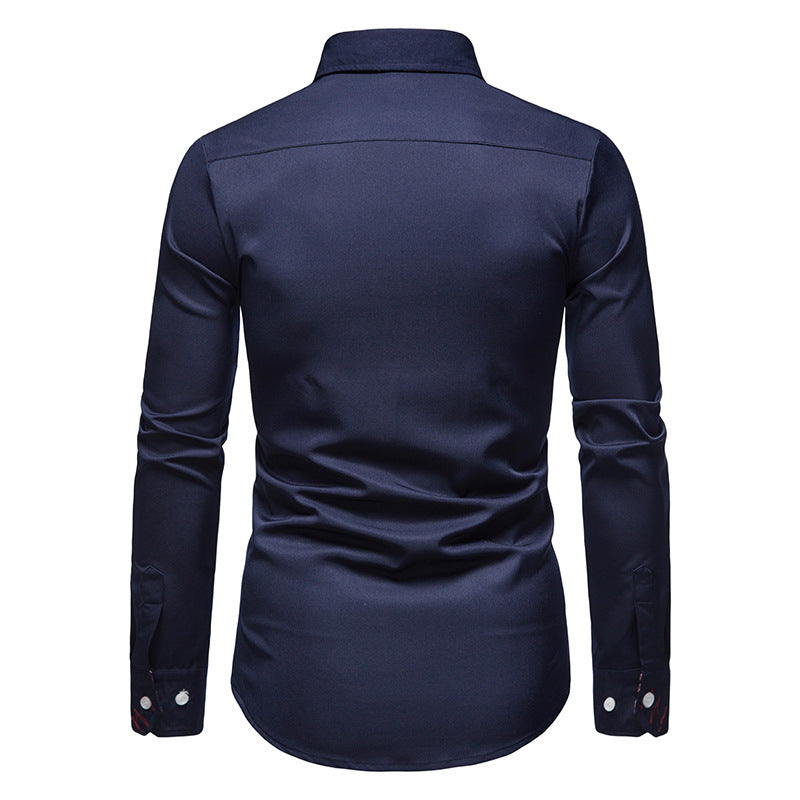 Vue arrière de la chemise d’été pour homme Théophile bleu marine, coupe ajustée avec manches longues et poignets boutonnés.