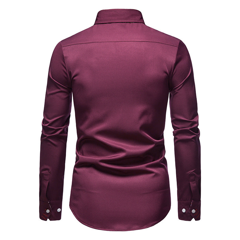 Vue arrière de la chemise d’été pour homme Théophile bordeaux, coupe ajustée avec manches longues et poignets boutonnés.