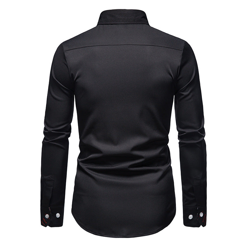 Vue arrière de la chemise d’été pour homme Théophile noire, coupe ajustée avec manches longues et poignets boutonnés.