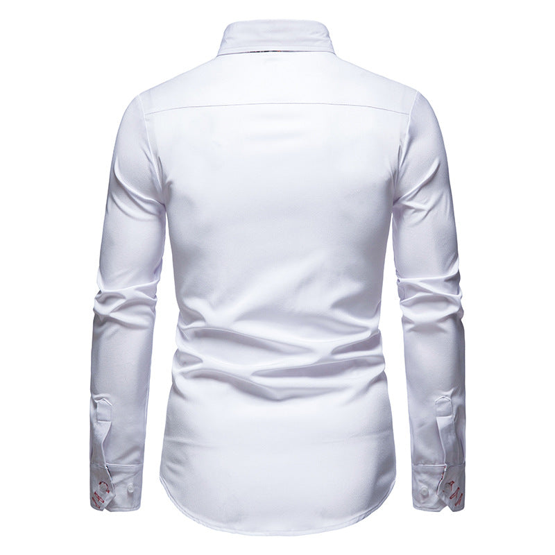 Vue arrière de la chemise d’été pour homme Théophile blanche, coupe ajustée avec manches longues et poignets boutonnés.