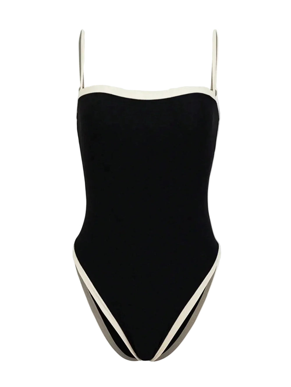Maillot de bain une pièce pour femme de couleur noire avec des détails en blanc, design moderne avec bretelles fines. Idéal pour un look élégant et épuré à la plage ou à la piscine.