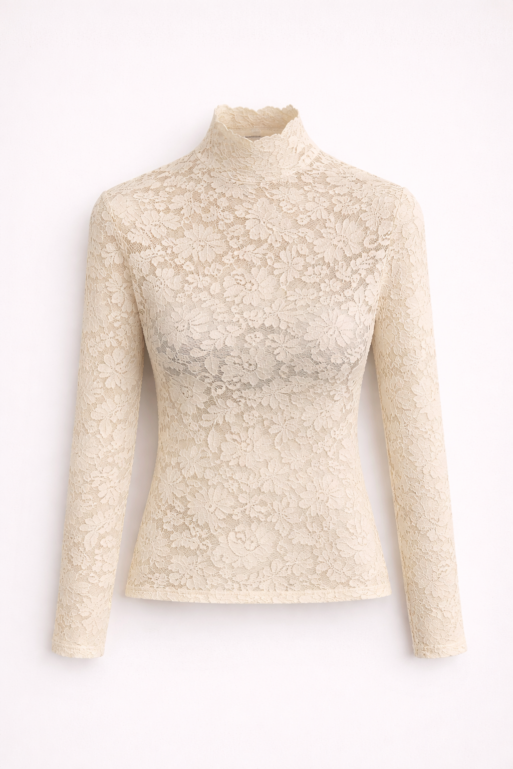 Haut en dentelle pour femme couleur beige/crème, à manches longues avec col montant, coupe ajustée et motif floral élégant, style tendance et raffiné.