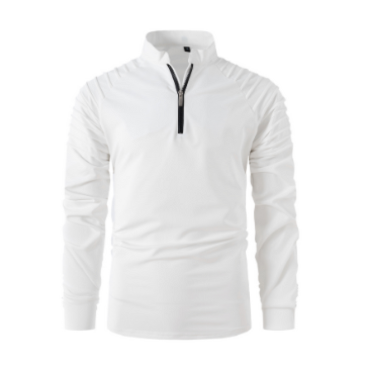 Polo pour homme Xavier, moderne et élégant, de couleur blanche. Ce polo à manches longues se distingue par son design contemporain avec des détails sur les épaules et un zip noir au col. Parfait pour un look sportif chic et confortable.