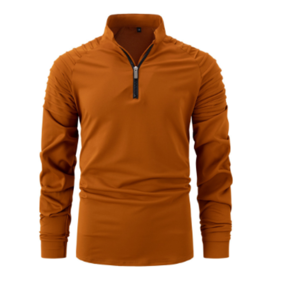 Polo pour homme Xavier, moderne et élégant, de couleur orange. Ce polo à manches longues se distingue par ses détails sur les épaules et un zip noir au col. Il offre un look à la fois sportif et stylé, idéal pour un style décontracté mais raffiné.