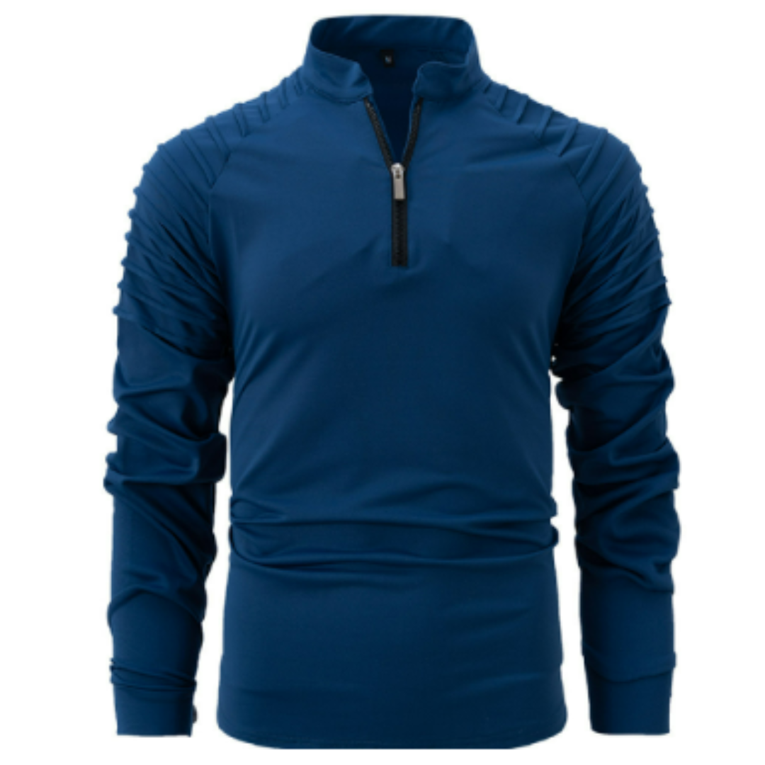 Polo pour homme Xavier, moderne et élégant, de couleur bleu marine. Ce polo à manches longues se distingue par ses détails sur les épaules et un zip noir au col. Parfait pour un look sportif et raffiné, il combine confort et style contemporain.