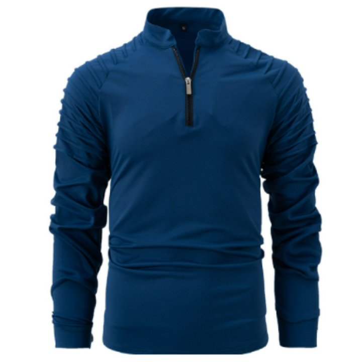 Polo pour homme Xavier, moderne et élégant, de couleur bleu marine. Ce polo à manches longues se distingue par ses détails sur les épaules et un zip noir au col. Parfait pour un look sportif et raffiné, il combine confort et style contemporain.
