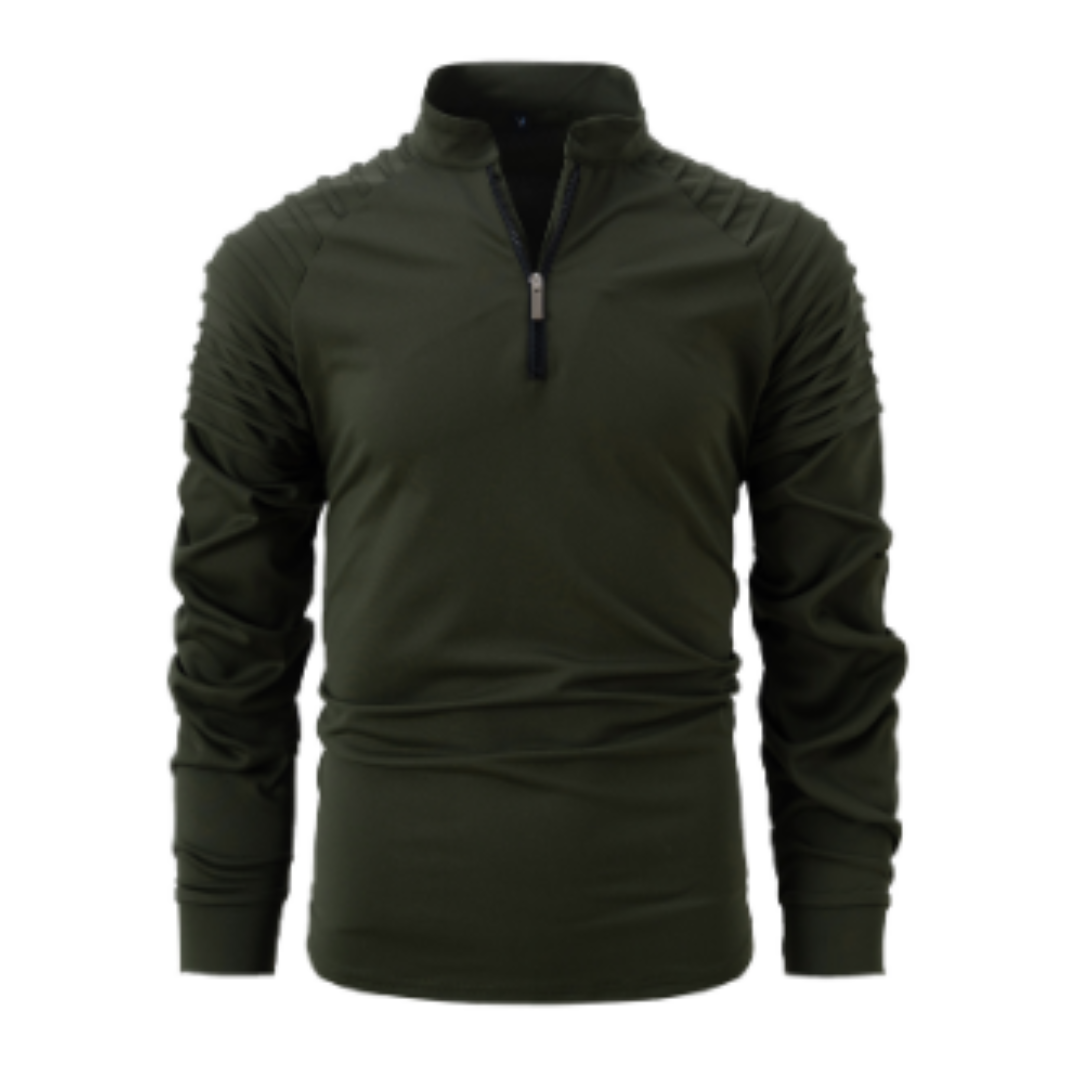 Polo pour homme Xavier, moderne et élégant, de couleur vert olive. Ce polo à manches longues présente des détails sur les épaules et un zip noir au col. Parfait pour un look sportif et contemporain, il combine confort et style raffiné.
