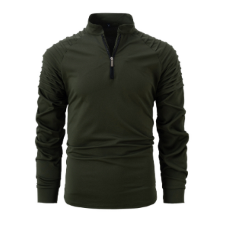 Polo pour homme Xavier, moderne et élégant, de couleur vert olive. Ce polo à manches longues présente des détails sur les épaules et un zip noir au col. Parfait pour un look sportif et contemporain, il combine confort et style raffiné.