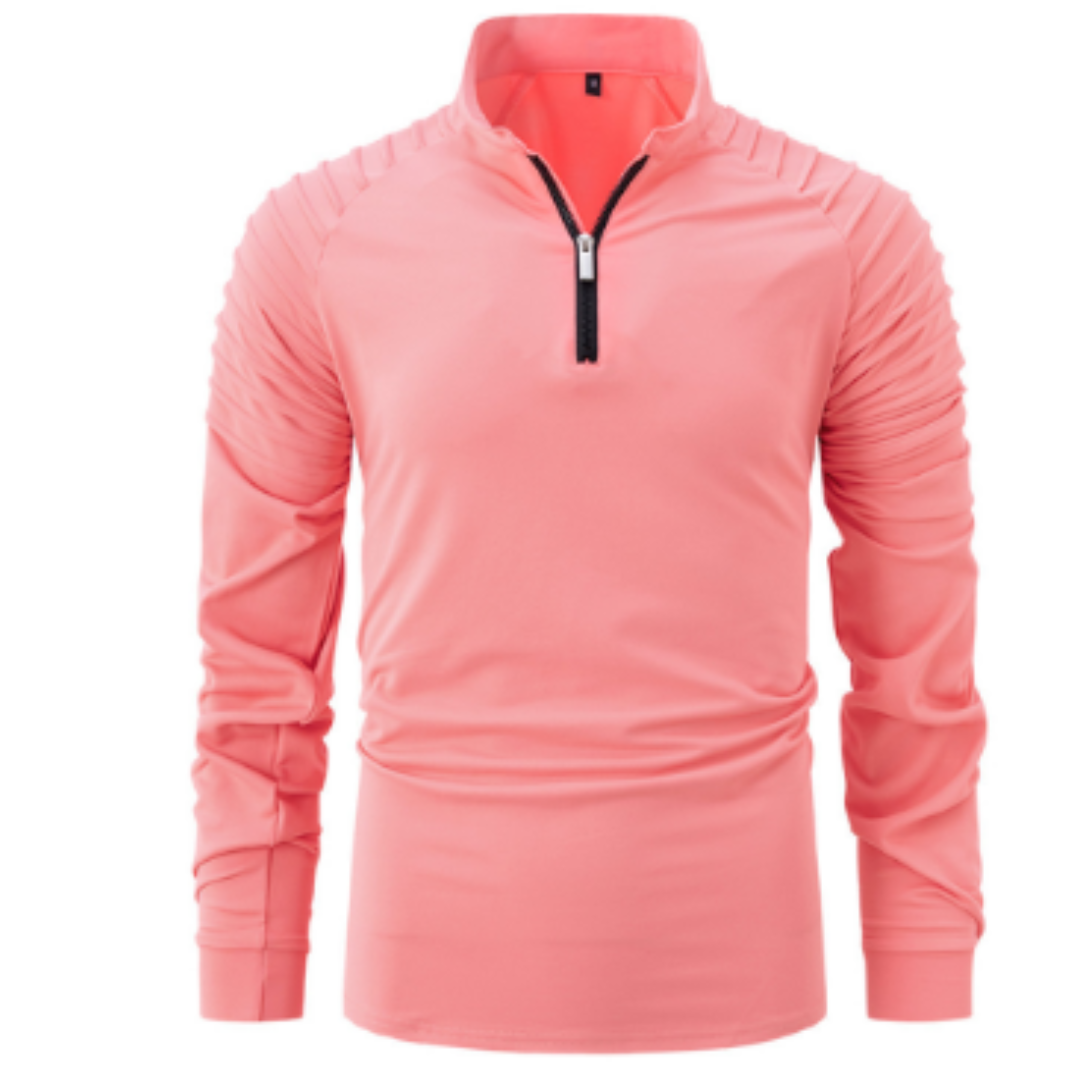Polo pour homme Xavier, moderne et élégant, de couleur rose. Ce polo à manches longues, avec des détails sur les épaules et un zip noir au col, offre un look sportif et dynamique, alliant confort et style contemporain.
