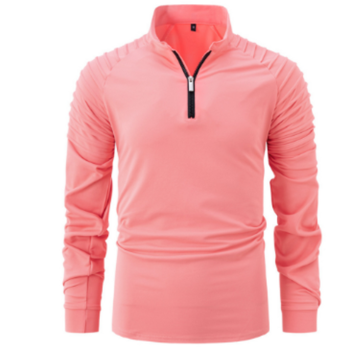 Polo pour homme Xavier, moderne et élégant, de couleur rose. Ce polo à manches longues, avec des détails sur les épaules et un zip noir au col, offre un look sportif et dynamique, alliant confort et style contemporain.